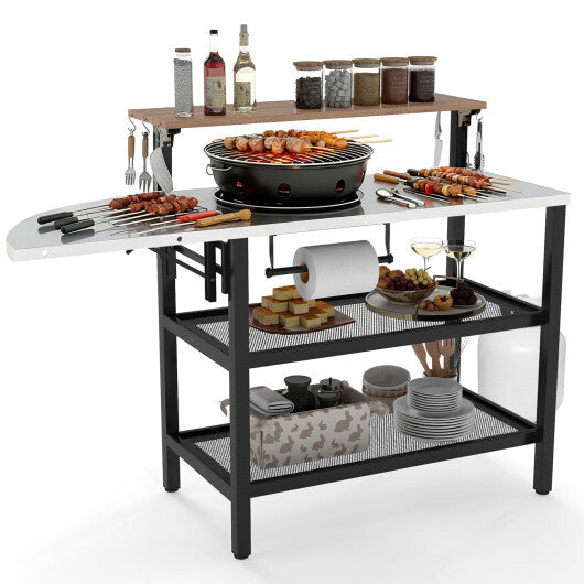 Outdoor Foldable Grill Table with Flip-Up Top and 2 Storage Shelves for Backyard Garden W2B