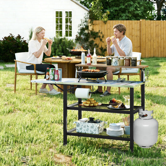 Outdoor Foldable Grill Table with Flip-Up Top and 2 Storage Shelves for Backyard Garden W2B