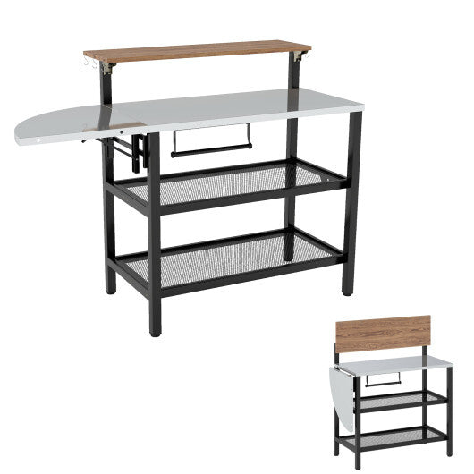 Outdoor Foldable Grill Table with Flip-Up Top and 2 Storage Shelves for Backyard Garden W2B
