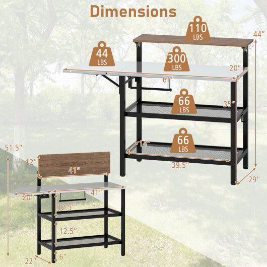 Outdoor Foldable Grill Table with Flip-Up Top and 2 Storage Shelves for Backyard Garden W2B