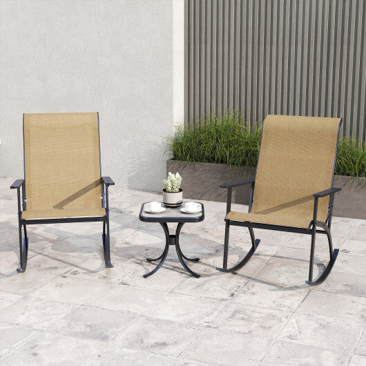 Heavy-Duty Rocking Bistro Chairs and Table Set with High Backrest and Wood-Plastic Tabletop-Brown W2B