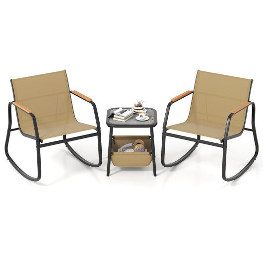 3 Piece Rocking Bistro Chairs and Side Table Set with Storage Bag-Brown