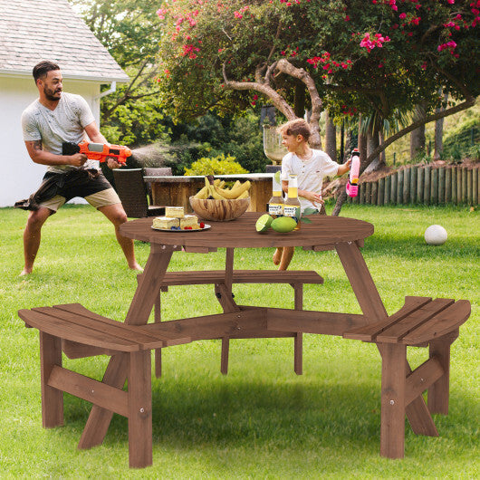 6-Person Round Picnic Table Set with 3 Built-in Benches and Umbrella Hole-Yellow