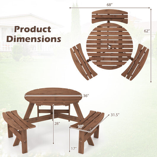 6-Person Round Picnic Table Set with 3 Built-in Benches and Umbrella Hole-Yellow