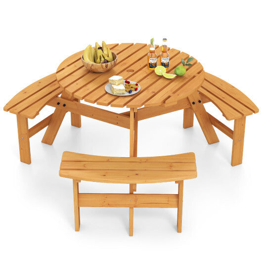 6-Person Round Picnic Table Set with 3 Built-in Benches and Umbrella Hole-Yellow