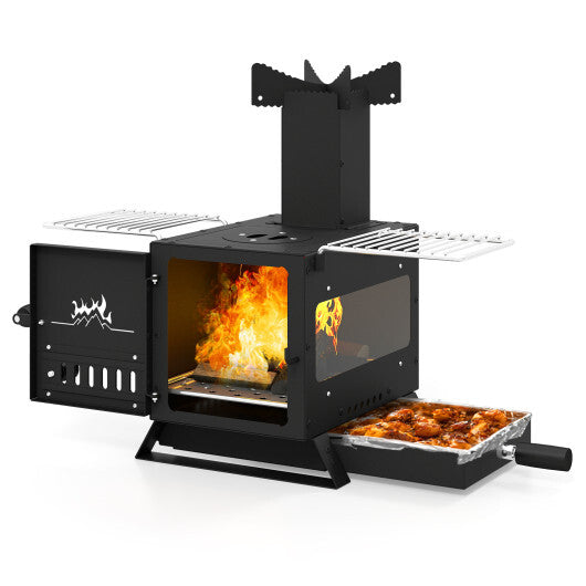 Portable Wood Burning Stove Mini Heater Burner with Pot Rack Oven Pan-Black W2B