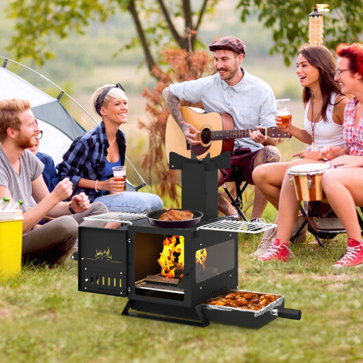 Portable Wood Burning Stove Mini Heater Burner with Pot Rack Oven Pan-Black W2B