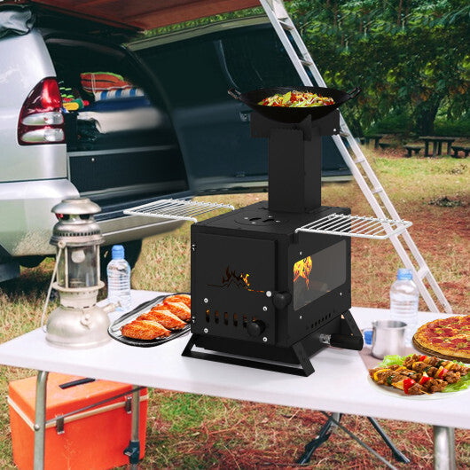 Portable Wood Burning Stove Mini Heater Burner with Pot Rack Oven Pan-Black W2B