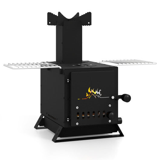 Portable Wood Burning Stove Mini Heater Burner with Pot Rack Oven Pan-Black W2B