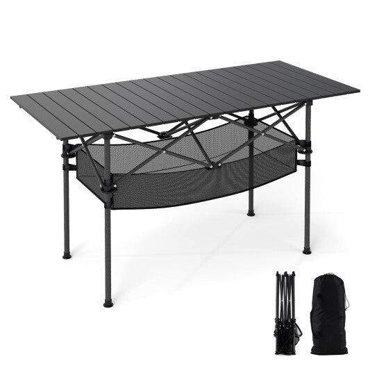 Patio Folding Camping Table with Roll-up Tabletop and Mesh Basket-Black