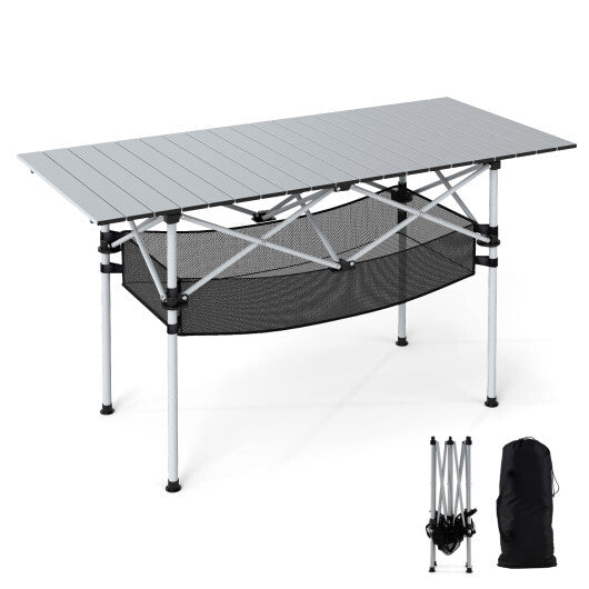 Patio Folding Camping Table with Roll-up Tabletop and Mesh Basket-Black