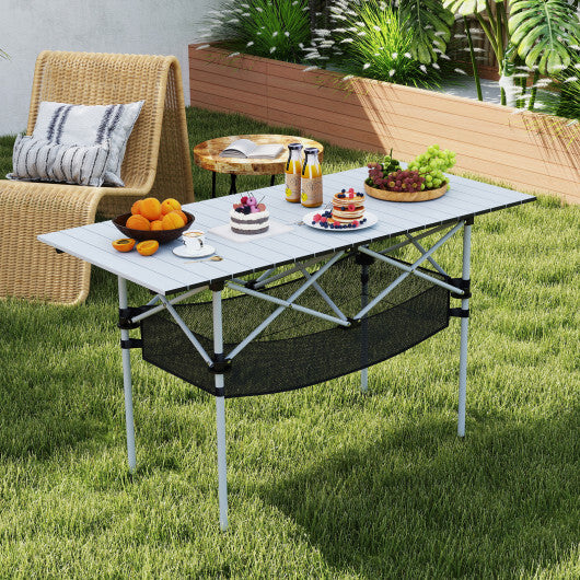 Patio Folding Camping Table with Roll-up Tabletop and Mesh Basket-Black