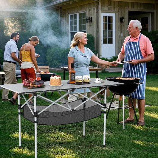 Patio Folding Camping Table with Roll-up Tabletop and Mesh Basket-Black