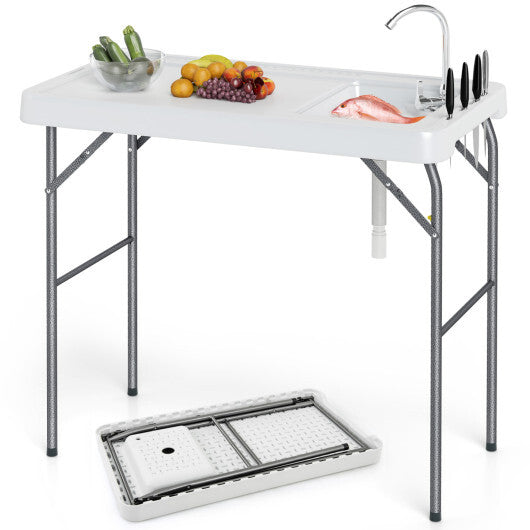 Folding Fish Cleaning Table with Rotatable Faucet & Drainage Hose for Fishing W2B