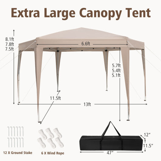 13 x 11.5 FT Hexagonal Pop-Up Height Adjustable Canopy Tent with Dressed Legs-Khaki W2B
