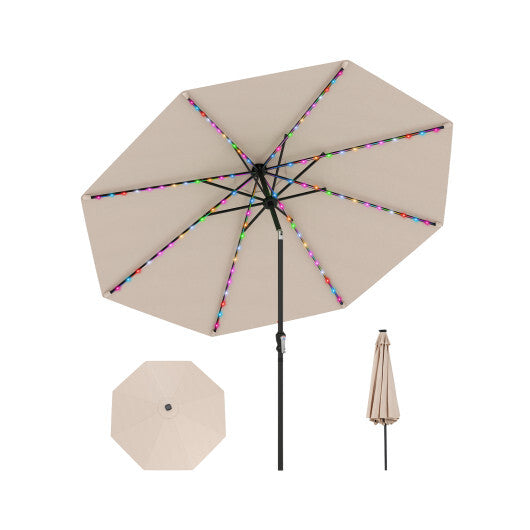 10 Feet Solar Patio Umbrella with 96 Multi-Colored Flowing LED Lights and Tilt Adjustment-Beige W2B
