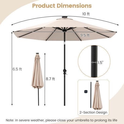 10 Feet Solar Patio Umbrella with 96 Multi-Colored Flowing LED Lights and Tilt Adjustment-Beige W2B