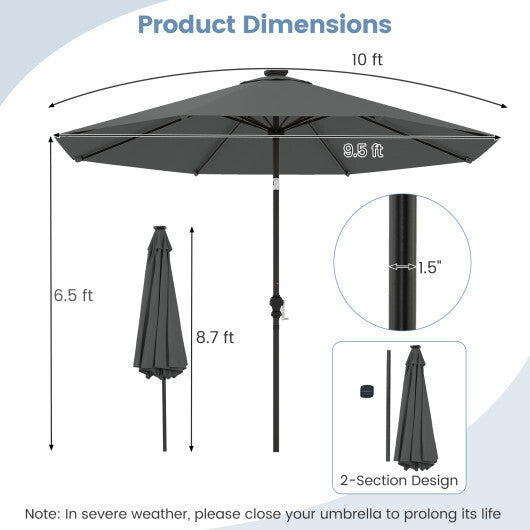 10 Feet Solar Patio Umbrella with 96 Multi-Colored Flowing LED Lights and Tilt Adjustment-Beige W2B
