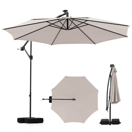 10 Feet Solar Offset Hanging Umbrella with Base and LED Lights-Turquoise W2B