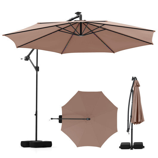 10 Feet Solar Offset Hanging Umbrella with Base and LED Lights-Turquoise W2B