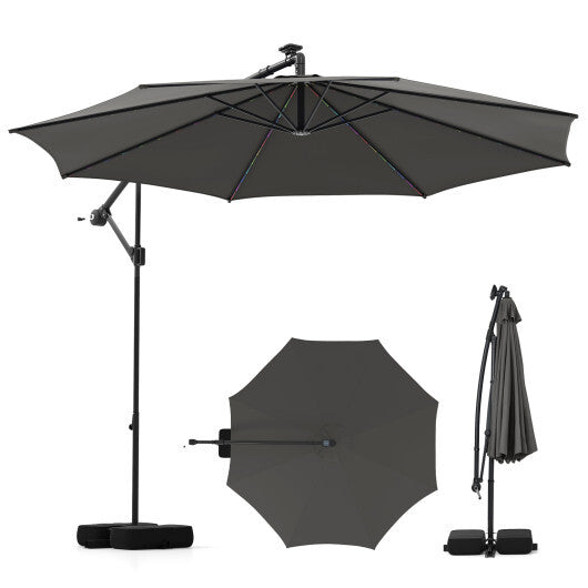 10 Feet Solar Offset Hanging Umbrella with Base and LED Lights-Turquoise W2B