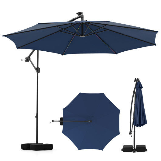 10 Feet Solar Offset Hanging Umbrella with Base and LED Lights-Turquoise W2B