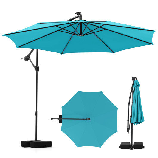 10 Feet Solar Offset Hanging Umbrella with Base and LED Lights-Turquoise W2B
