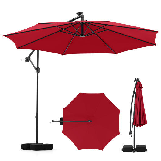10 Feet Solar Offset Hanging Umbrella with Base and LED Lights-Turquoise W2B
