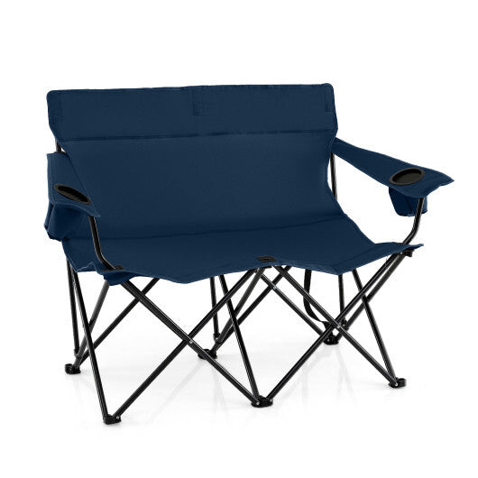 Double Camping Chair 2-Person Outdoor Folding Loveseat with Cup Holders-Blue