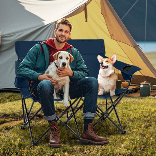 Double Camping Chair 2-Person Outdoor Folding Loveseat with Cup Holders-Blue
