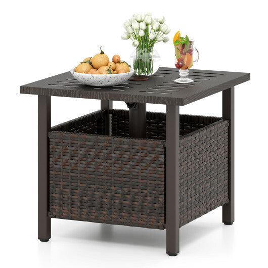 Outdoor Side Table All-Weather PE Wicker Patio Table with Umbrella Hole-Brown W2B