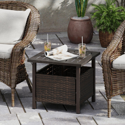 Outdoor Side Table All-Weather PE Wicker Patio Table with Umbrella Hole-Brown W2B