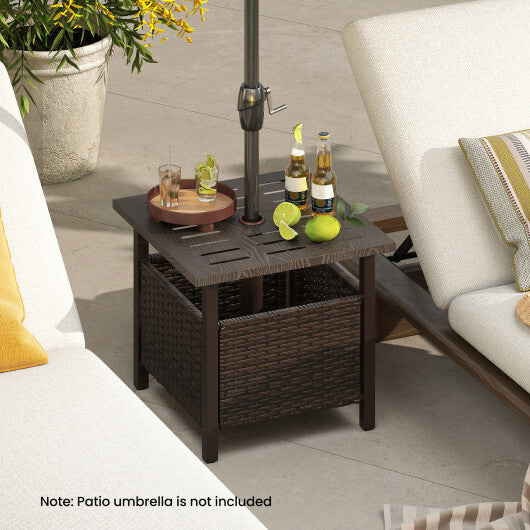 Outdoor Side Table All-Weather PE Wicker Patio Table with Umbrella Hole-Brown W2B