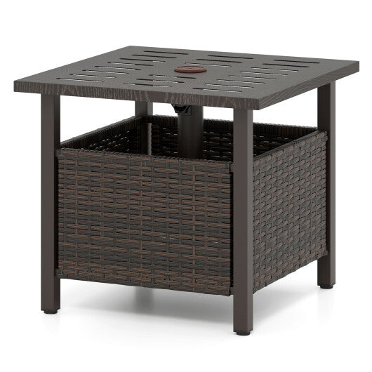 Outdoor Side Table All-Weather PE Wicker Patio Table with Umbrella Hole-Brown W2B