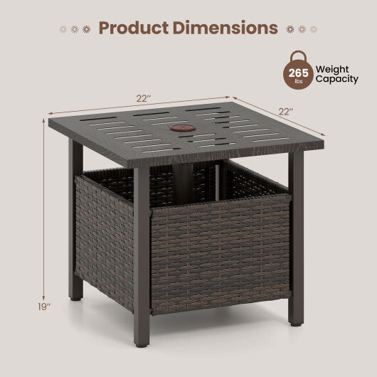 Outdoor Side Table All-Weather PE Wicker Patio Table with Umbrella Hole-Brown W2B