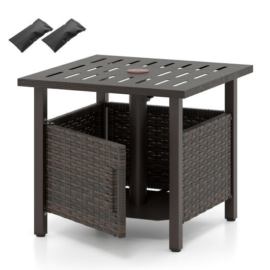 Outdoor Side Table with 1.93" Umbrella Hole All-Weather PE Wicker Patio Umbrella Table-Brown W2B