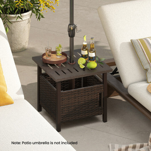 Outdoor Side Table with 1.93" Umbrella Hole All-Weather PE Wicker Patio Umbrella Table-Brown W2B
