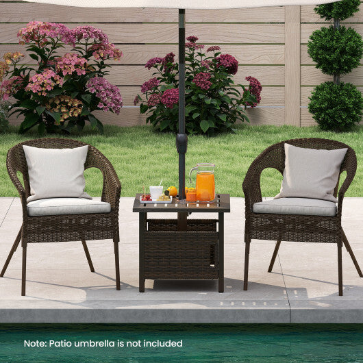 Outdoor Side Table with 1.93" Umbrella Hole All-Weather PE Wicker Patio Umbrella Table-Brown W2B