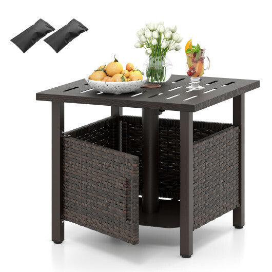 Outdoor Side Table with 1.93" Umbrella Hole All-Weather PE Wicker Patio Umbrella Table-Brown W2B