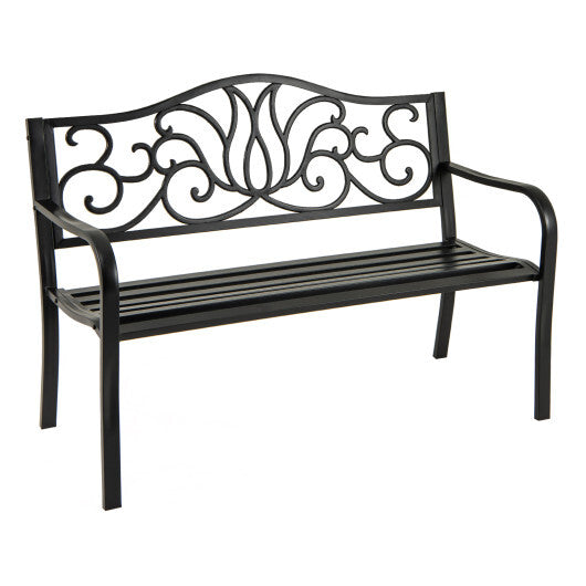 50 Inches Outdoor Garden Bench with Floral Design Backrest and Slatted Seat-Black