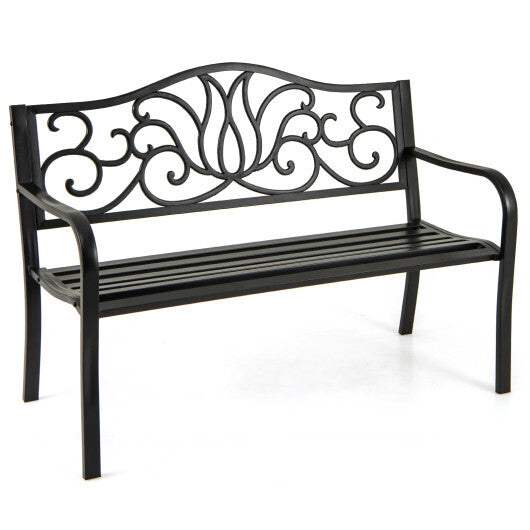 50 Inches Outdoor Garden Bench with Floral Design Backrest and Slatted Seat-Black