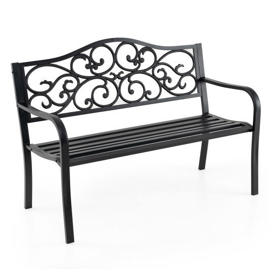 50 Inches Outdoor Cast Iron Metal Patio Bench with Floral Design Backrest and Slatted Seat-Black W2B