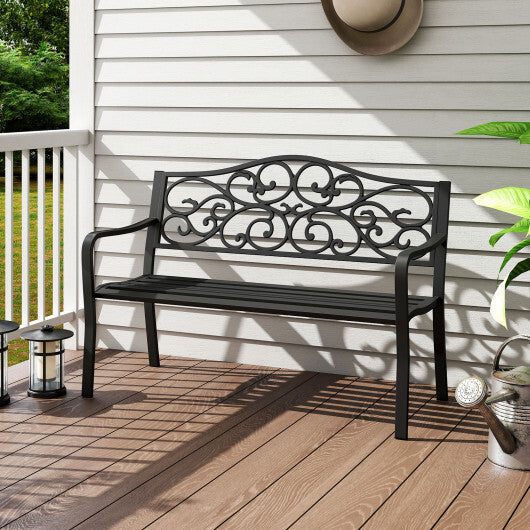 50 Inches Outdoor Cast Iron Metal Patio Bench with Floral Design Backrest and Slatted Seat-Black W2B