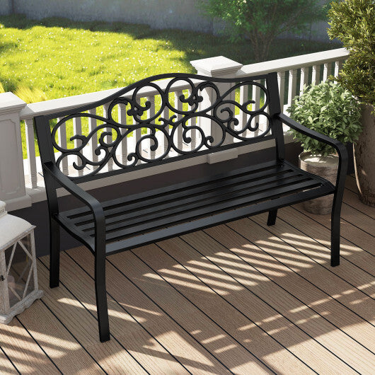 50 Inches Outdoor Cast Iron Metal Patio Bench with Floral Design Backrest and Slatted Seat-Black W2B