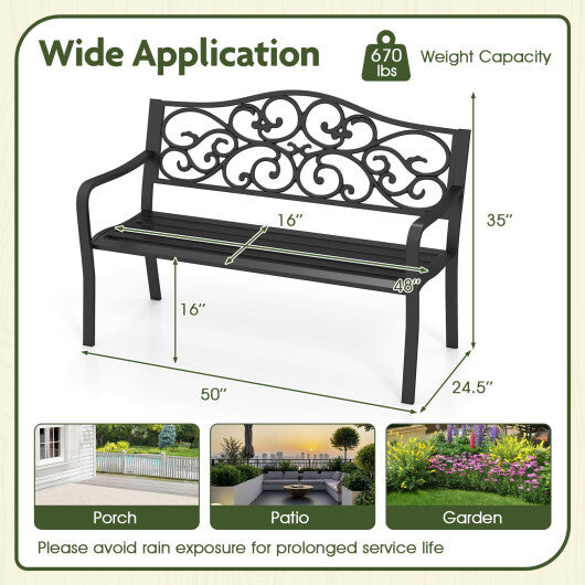 50 Inches Outdoor Cast Iron Metal Patio Bench with Floral Design Backrest and Slatted Seat-Black W2B