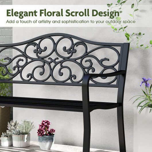50 Inches Outdoor Cast Iron Metal Patio Bench with Floral Design Backrest and Slatted Seat-Black W2B