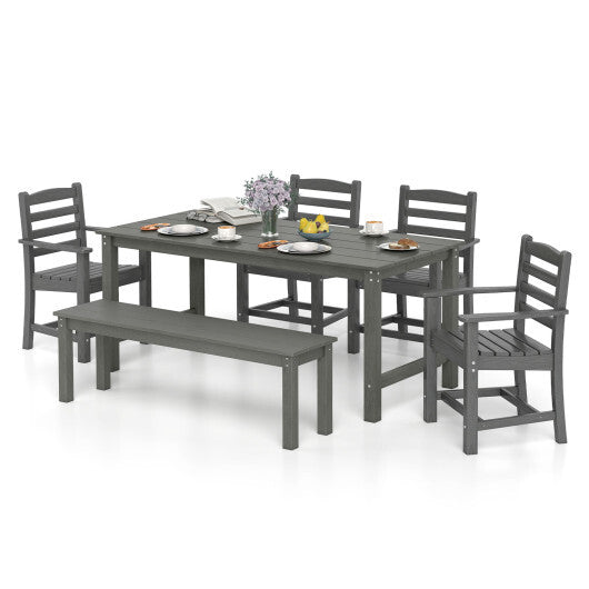 6 Pieces Patio Dining Bench Set Outdoor HDPE Weather Resistant Table and Chairs Set-Grey W2B