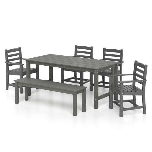 6 Pieces Patio Dining Bench Set Outdoor HDPE Weather Resistant Table and Chairs Set-Grey W2B