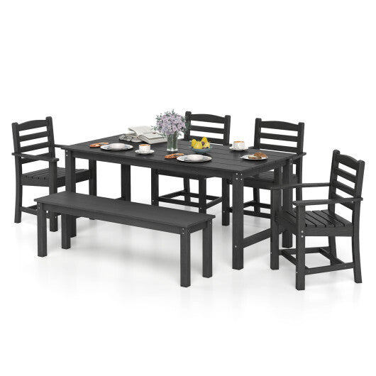 6 Pieces Patio Dining Bench Set Outdoor HDPE Weather Resistant Table and Chairs Set-Grey W2B