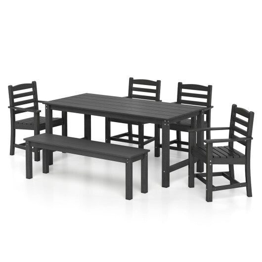 6 Pieces Patio Dining Bench Set Outdoor HDPE Weather Resistant Table and Chairs Set-Grey W2B